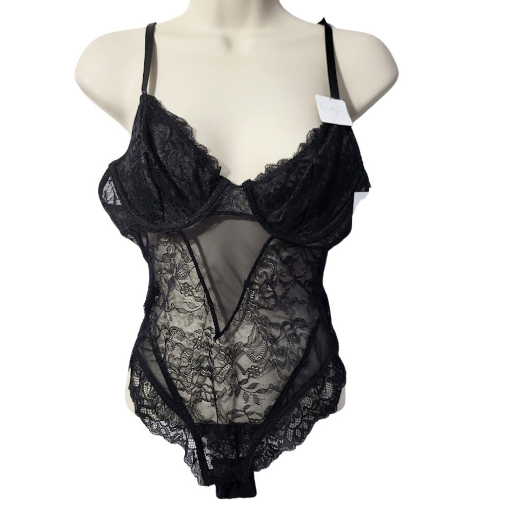 JESSICA SIMPSON Black Lace Flirty Sling Cup Bodysuit - New With Tags Women's S